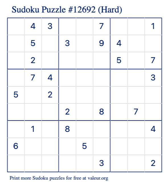 Free Printable Hard Sudoku Puzzle number 12692