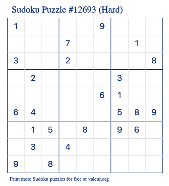 Free Printable Hard Sudoku Puzzle number 12693