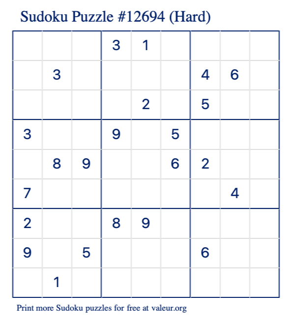 Free Printable Hard Sudoku Puzzle number 12694