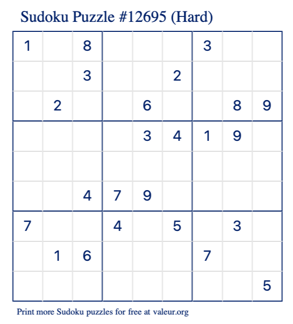 Free Printable Hard Sudoku Puzzle number 12695