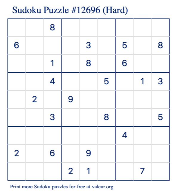 Free Printable Hard Sudoku Puzzle number 12696