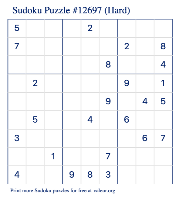 Free Printable Hard Sudoku Puzzle number 12697
