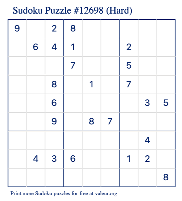 Free Printable Hard Sudoku Puzzle number 12698
