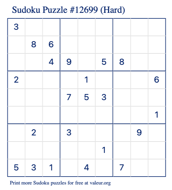 Free Printable Hard Sudoku Puzzle number 12699