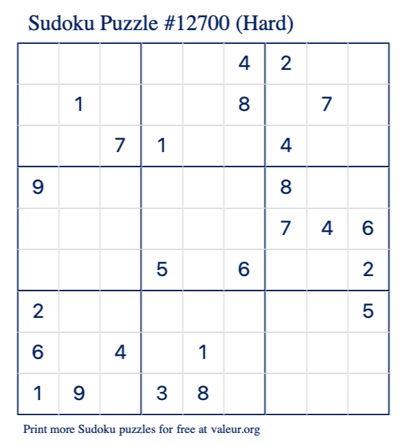 Free Printable Hard Sudoku Puzzle number 12700