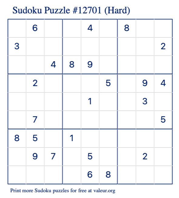 Free Printable Hard Sudoku Puzzle number 12701