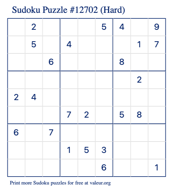 Free Printable Hard Sudoku Puzzle number 12702