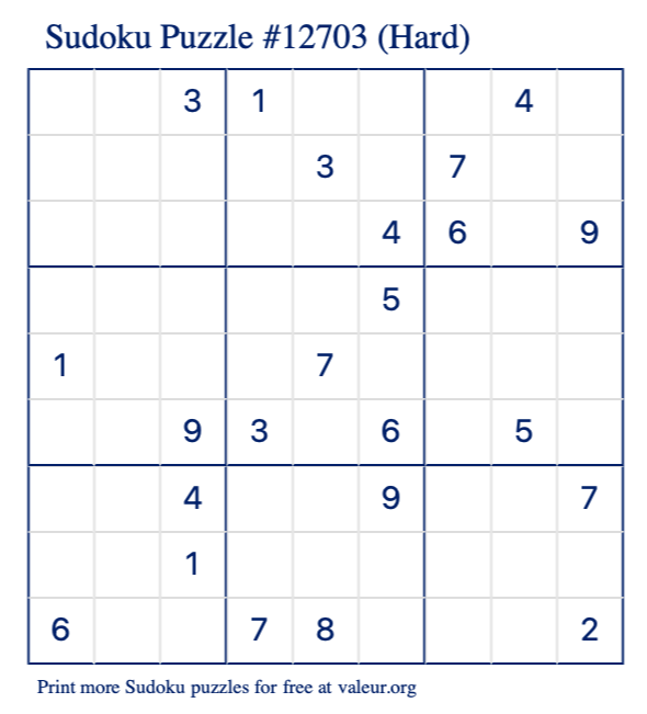 Free Printable Hard Sudoku Puzzle number 12703