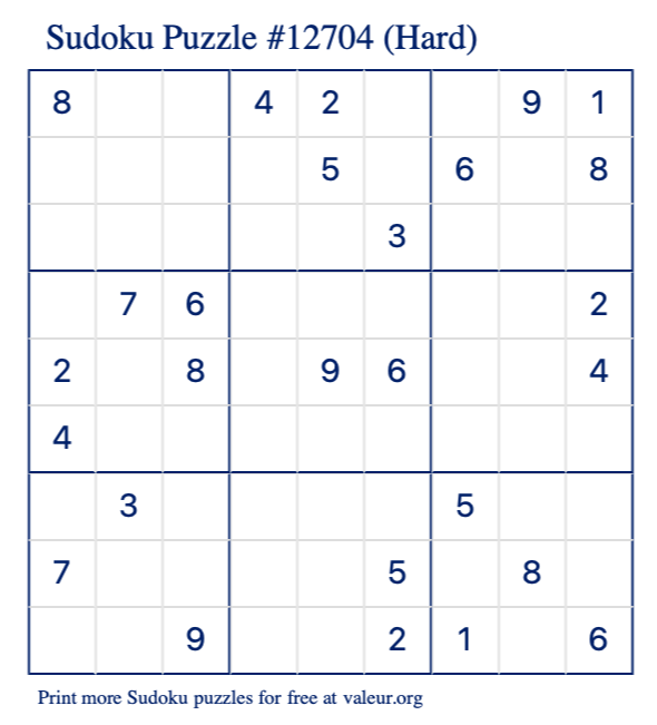 Free Printable Hard Sudoku Puzzle number 12704