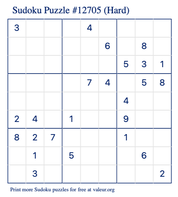 Free Printable Hard Sudoku Puzzle number 12705