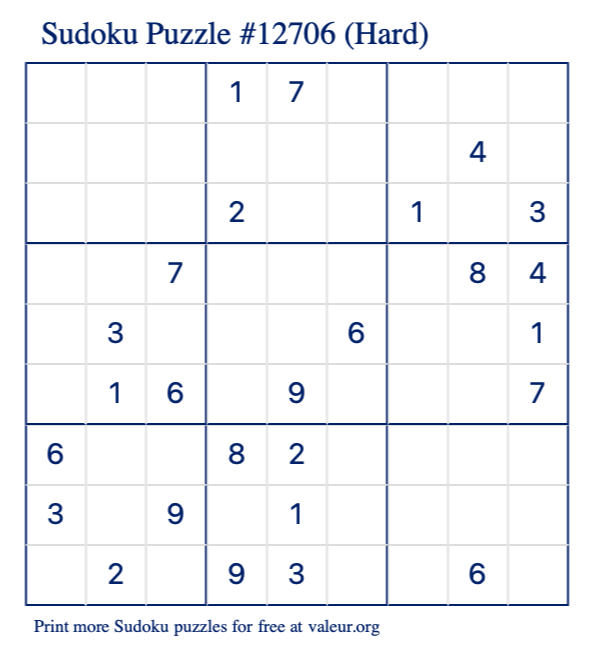 Free Printable Hard Sudoku Puzzle number 12706