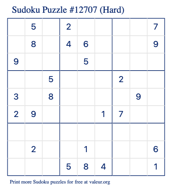 Free Printable Hard Sudoku Puzzle number 12707