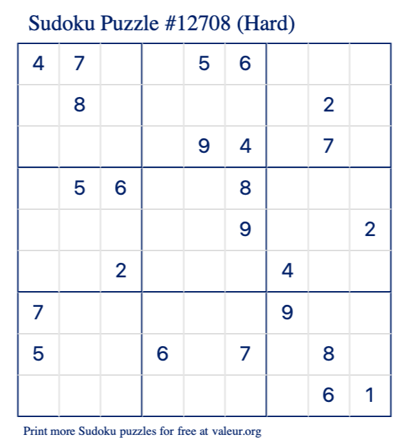 Free Printable Hard Sudoku Puzzle number 12708