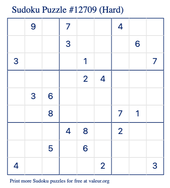 Free Printable Hard Sudoku Puzzle number 12709