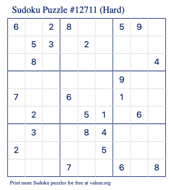 Free Printable Hard Sudoku Puzzle number 12711