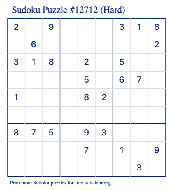 Free Printable Hard Sudoku Puzzle number 12712