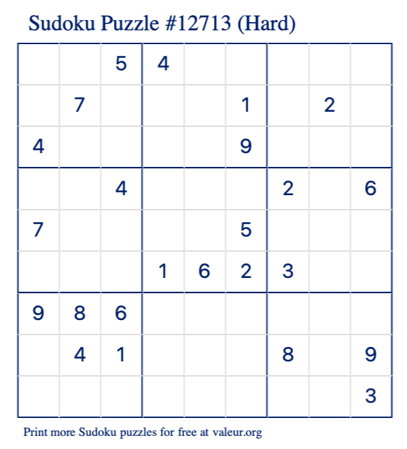 Free Printable Hard Sudoku Puzzle number 12713
