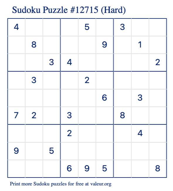 Free Printable Hard Sudoku Puzzle number 12715