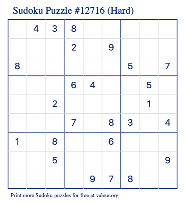 Free Printable Hard Sudoku Puzzle number 12716