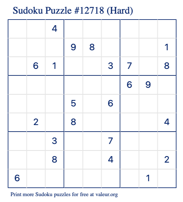 Free Printable Hard Sudoku Puzzle number 12718