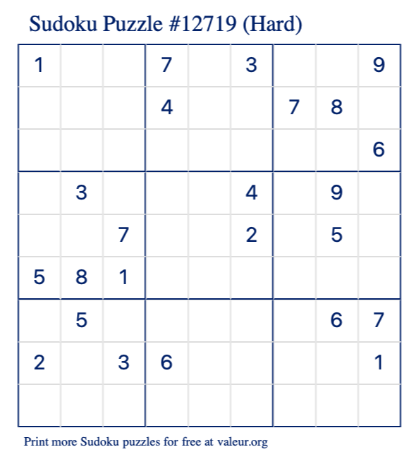 Free Printable Hard Sudoku Puzzle number 12719