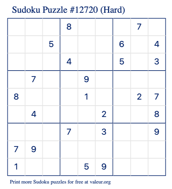 Free Printable Hard Sudoku Puzzle number 12720