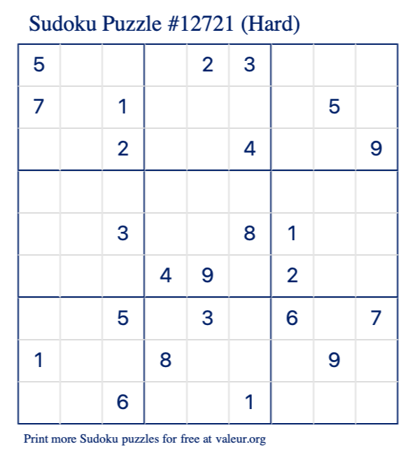 Free Printable Hard Sudoku Puzzle number 12721
