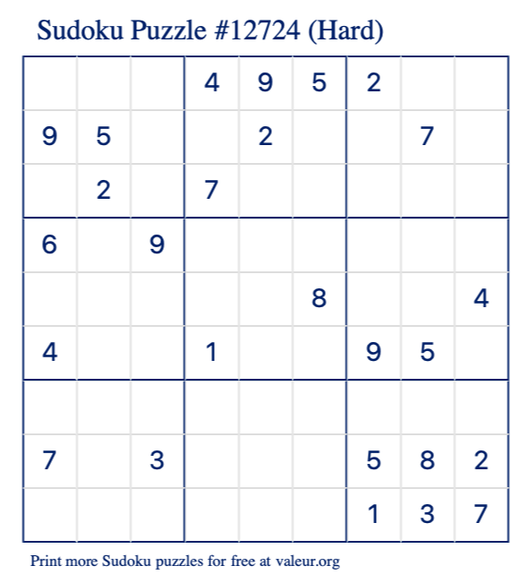 Free Printable Hard Sudoku Puzzle number 12724