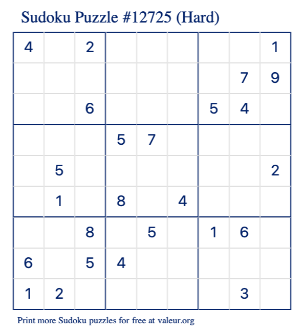Free Printable Hard Sudoku Puzzle number 12725