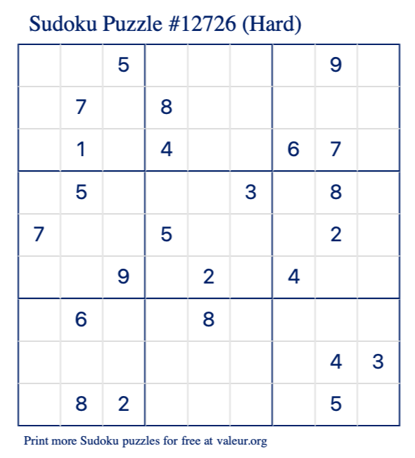 Free Printable Hard Sudoku Puzzle number 12726