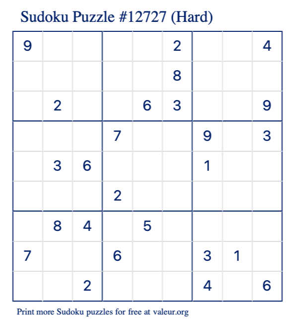 Free Printable Hard Sudoku Puzzle number 12727