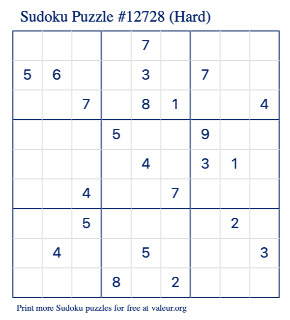 Free Printable Hard Sudoku Puzzle number 12728
