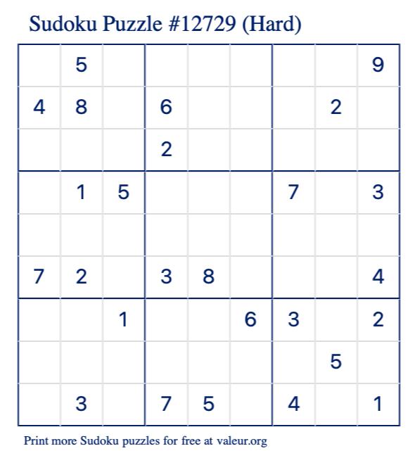 Free Printable Hard Sudoku Puzzle number 12729