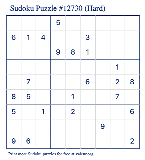 Free Printable Hard Sudoku Puzzle number 12730