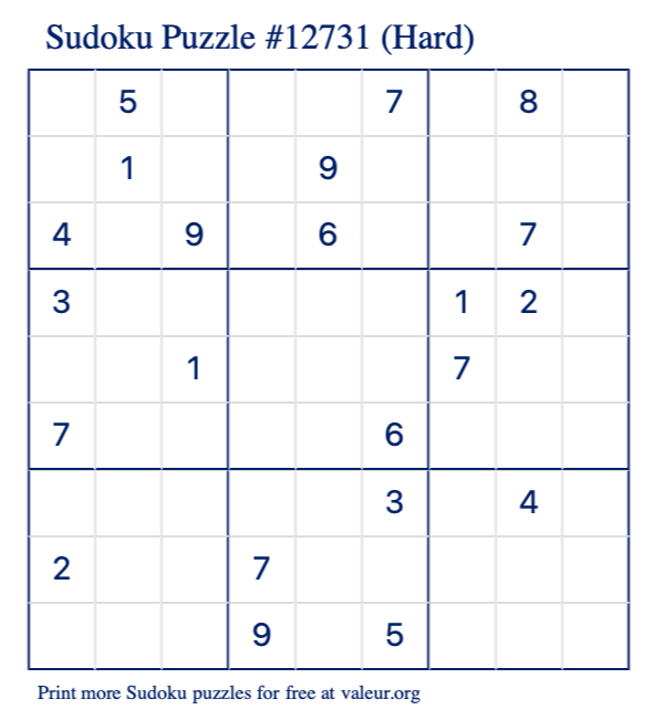 Free Printable Hard Sudoku Puzzle number 12731