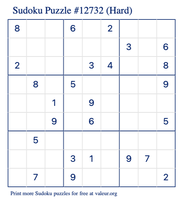 Free Printable Hard Sudoku Puzzle number 12732