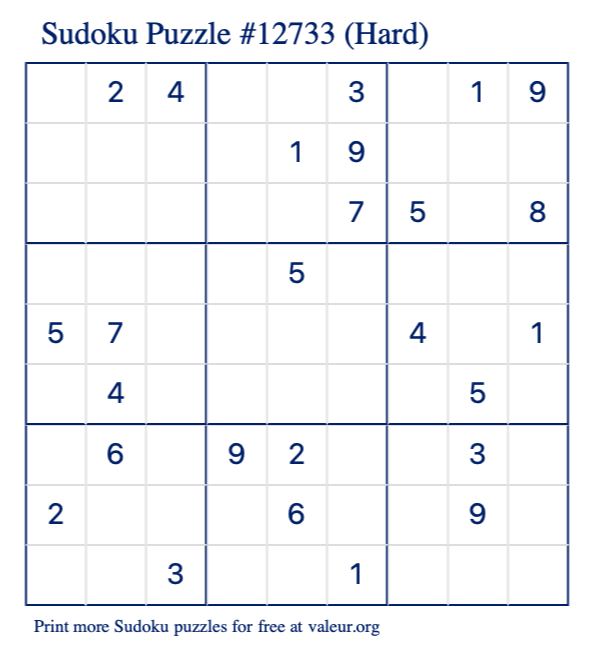 Free Printable Hard Sudoku Puzzle number 12733