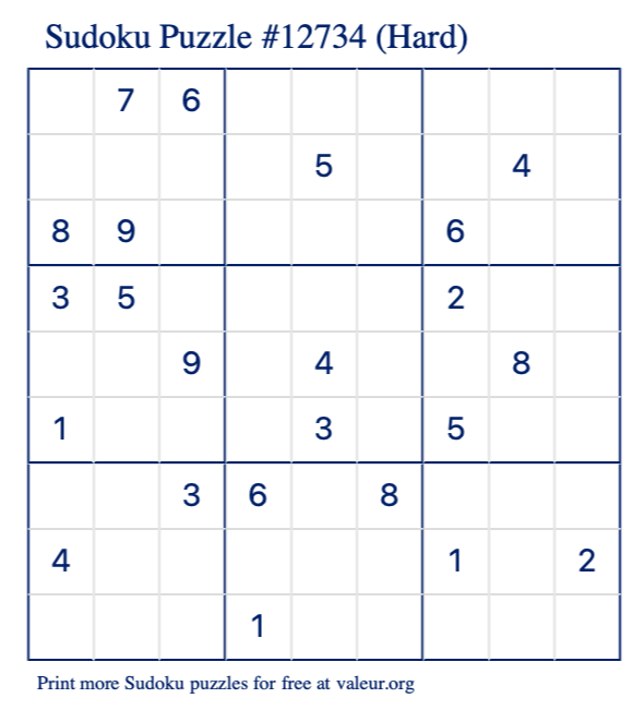 Free Printable Hard Sudoku Puzzle number 12734