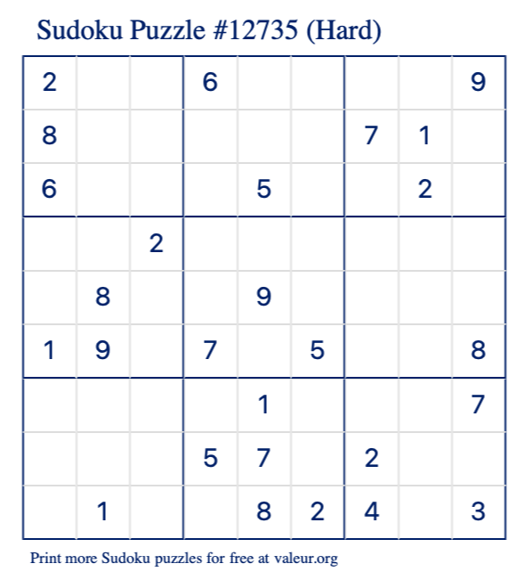 Free Printable Hard Sudoku Puzzle number 12735
