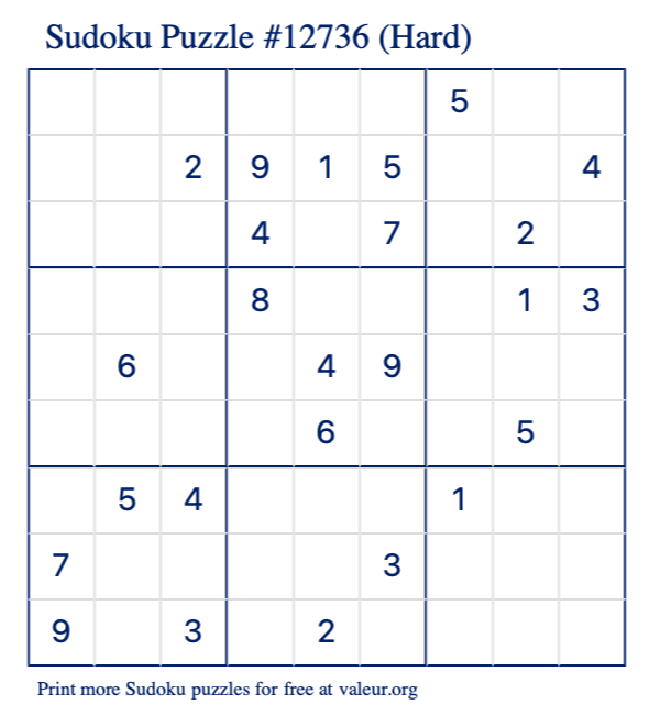 Free Printable Hard Sudoku Puzzle number 12736