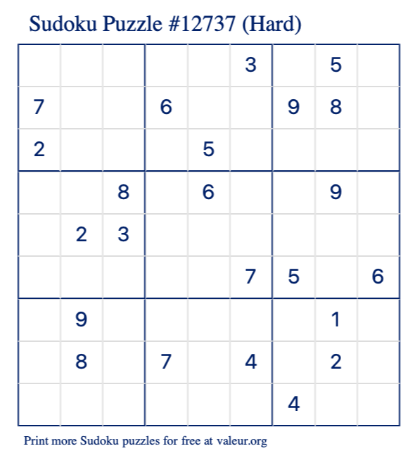 Free Printable Hard Sudoku Puzzle number 12737