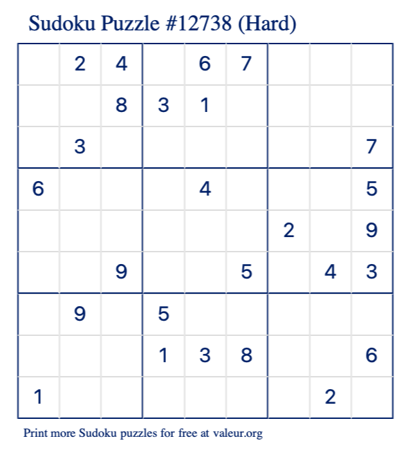 Free Printable Hard Sudoku Puzzle number 12738