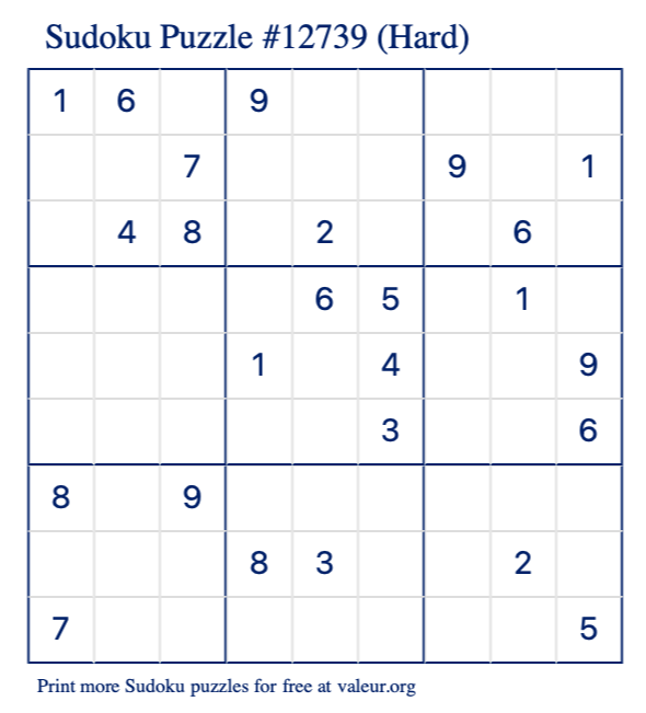 Free Printable Hard Sudoku Puzzle number 12739