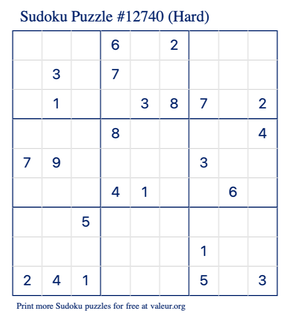 Free Printable Hard Sudoku Puzzle number 12740