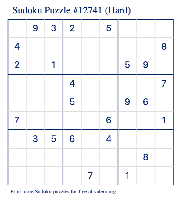 Free Printable Hard Sudoku Puzzle number 12741