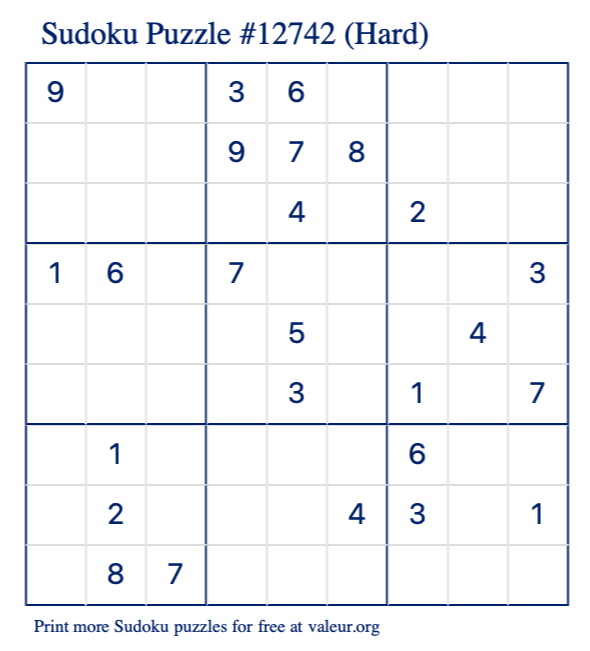 Free Printable Hard Sudoku Puzzle number 12742