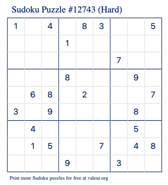 Free Printable Hard Sudoku Puzzle number 12743