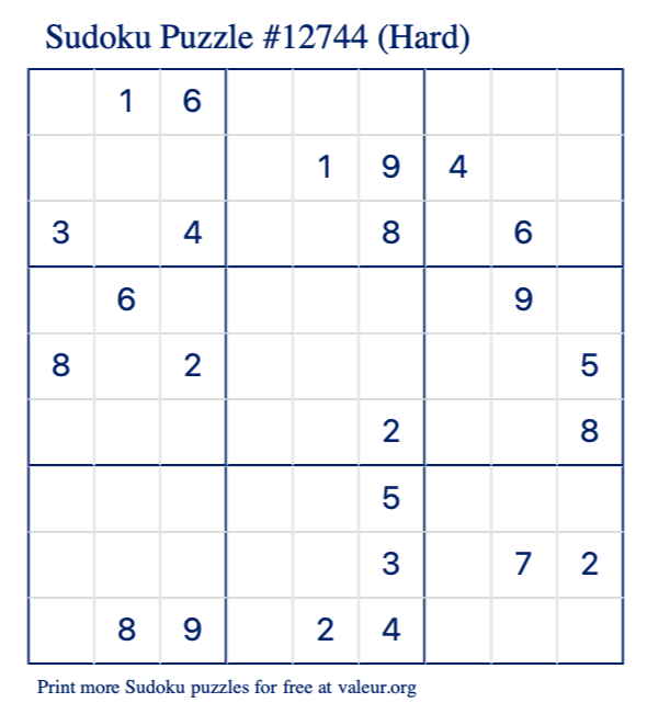 Free Printable Hard Sudoku Puzzle number 12744