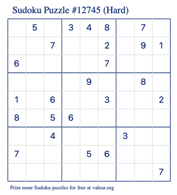 Free Printable Hard Sudoku Puzzle number 12745