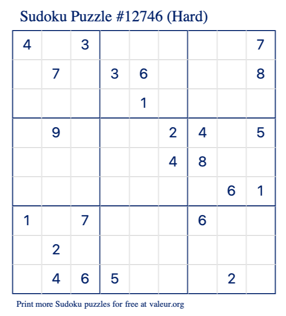 Free Printable Hard Sudoku Puzzle number 12746